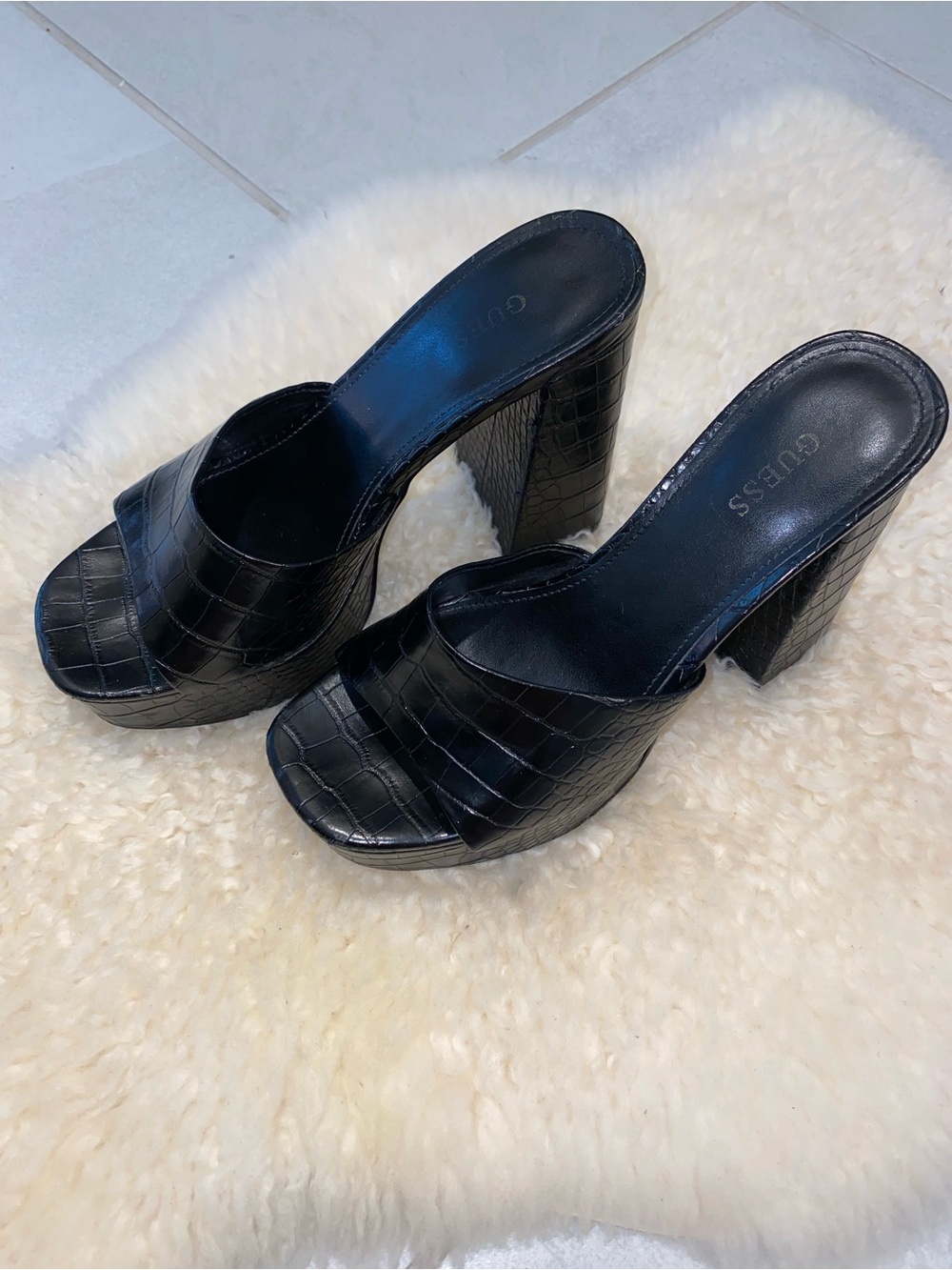 Guess Black Croc-Embossed Platform Mules